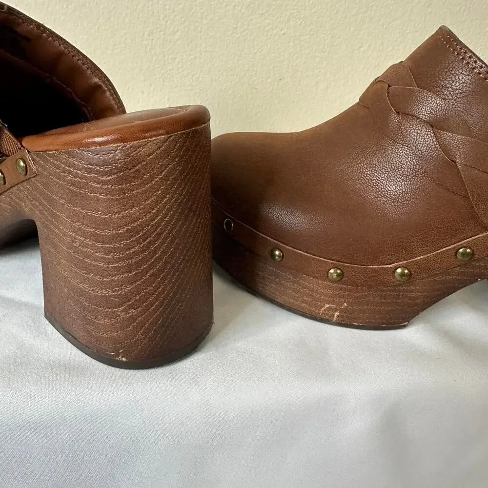 MIA Ravine Platform Clogs Size 7 Brown Studded Braided Faux Leather Chunky
